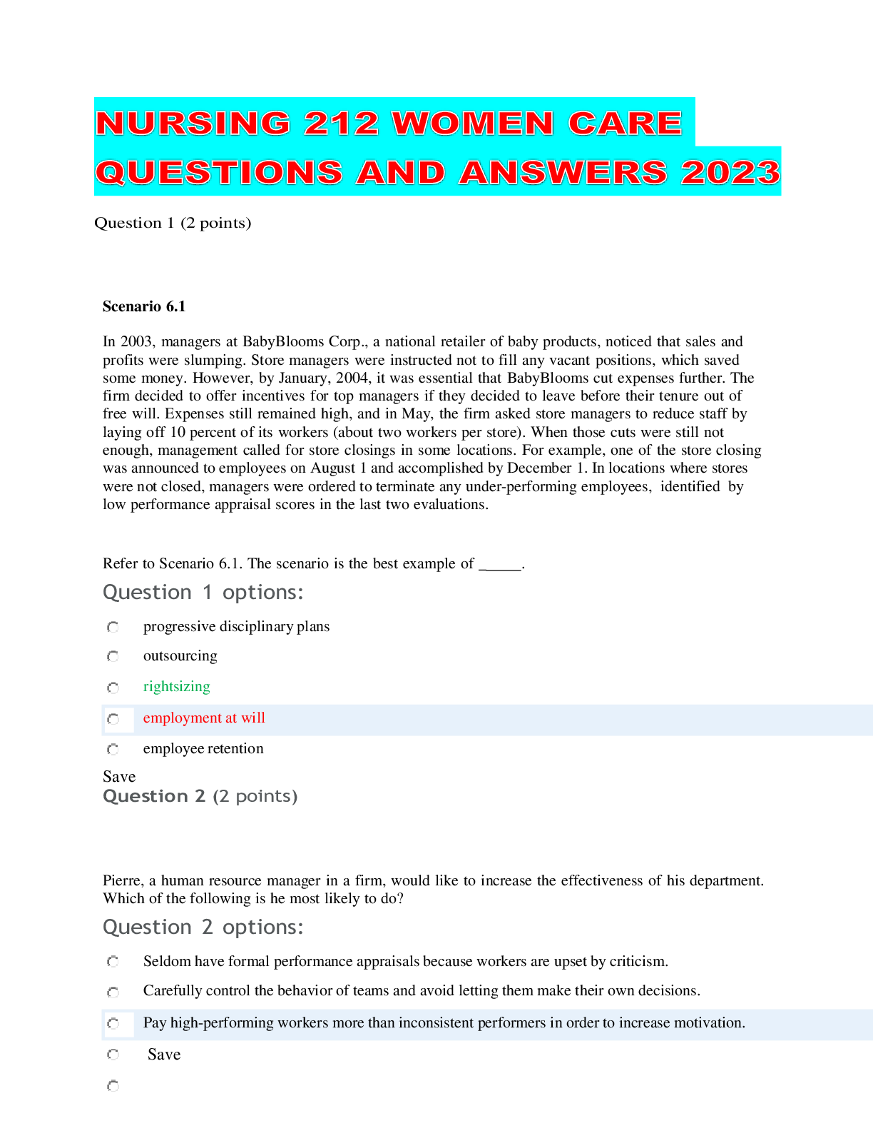 Preview of NURSING 212 WOMEN CARE QUESTIONS AND ANSWERS 2023